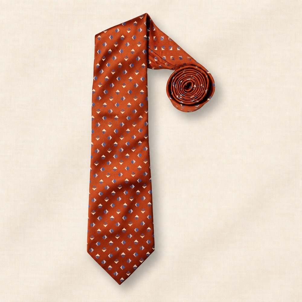 Burma Bibas Silk Necktie Geometric Rust Orange Blue Ivory Handmade Classic